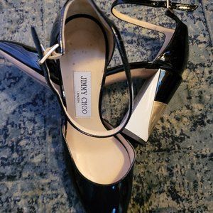 Jimmy Choo patent leather black, white & gold block heel pumps w/ ankle strap